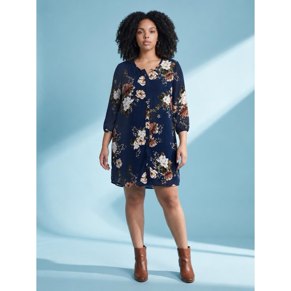 c&e Women's Navy Floral Chiffon Button Tunic Blouse Dress 3/4 Sleeve L